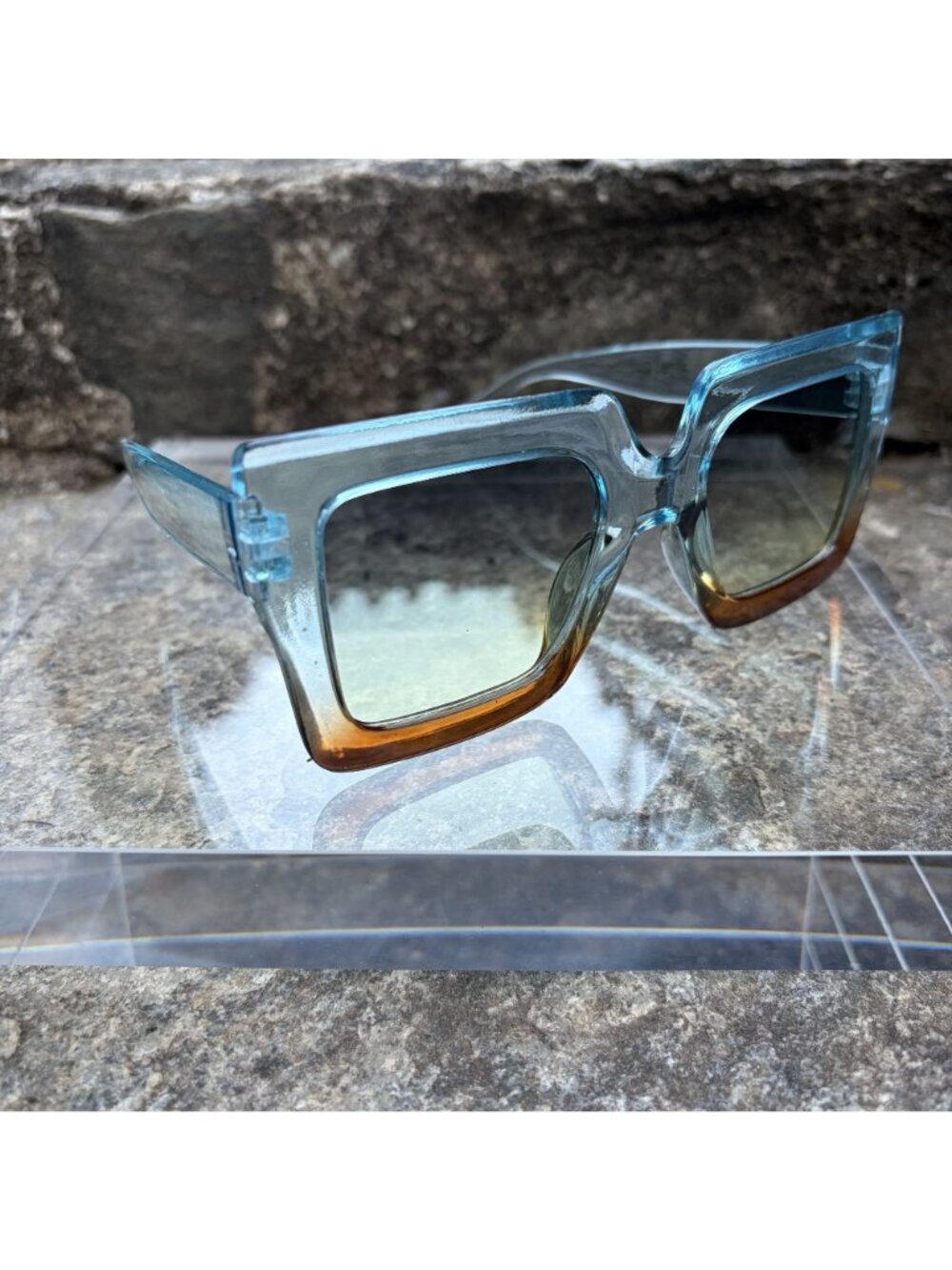 Oversized Square Gradient Sunglasses Blue Amber Ombre Retro Festival Sunnies - Picture 12 of 16